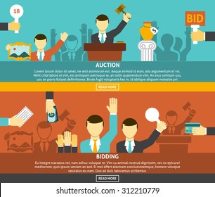 Auction And Bidding Horizontal Banners Set With Hands And Money Flat Isolated Vector Illustration 