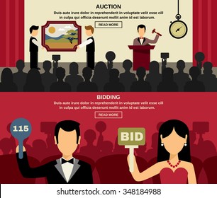  Auction and bidding horizontal banners set with people and picture flat isolated vector illustration 