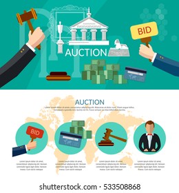 Auction and bidding infographics, antiques art object culture, auction bidding concept vector illustration 