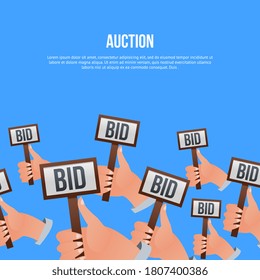 Auction bidding. Potential buyer, business competitor or financial auctioneer human hand holding BID decision sign card. Online public auction bidding illustration. Vector commercial sale poster.