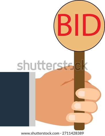 Auction bidding process. Auction bid paddle sign. Hands holding BID paddles. Auction sale and bidding process symbol. flat style.