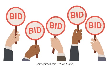 Auction bidding process. Hands hold paddles with Bid text, bidders rise round signs in competition to offer commercial price for purchase, arms of competitors vote cartoon vector illustration