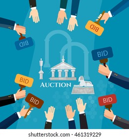 Auction and bidding selling antiques sale paintings art object culture vector illustration 