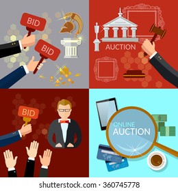 Auction and bidding set flat vector illustration 