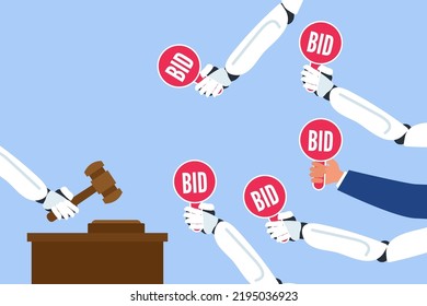 auction bidding trading competition process . robot auctioner holding gavel robotic hands and man  holding price paddles vector illustration