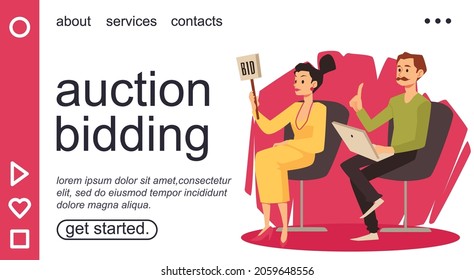 Auction bidding web banner or presentation page mockup with buyers cartoon characters, flat vector illustration. Auction sale event advertising webpage.