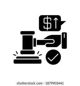 Auction black glyph icon. Competitive trading event, public sale of valuable lots. retail business silhouette symbol on white space. Selling products to highest bidder. Vector isolated illustration