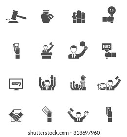 Auction black white icons set with bids internet vase and painting flat isolated vector illustration 