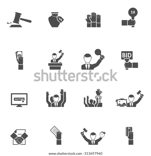 Auction black white icons\
set with bids internet vase and painting flat isolated vector\
illustration 