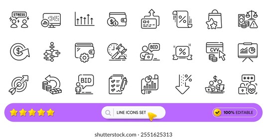 Auction, Block diagram and Online auction line icons for web app. Pack of Cvv code, Growth chart, Loan percent pictogram icons. Difficult stress, Dollar exchange, Survey checklist signs. Vector