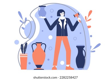 Auction blue concept with people scene in the flat cartoon style. Auctioneer put an expensive vase up for sale. Vector illustration.