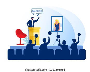 Auction business concept, Selling portrait painting. website landing page design template Vector Illustration.