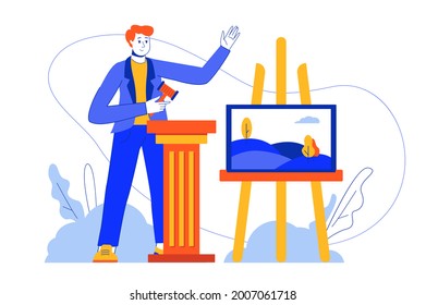 Auction business web concept. Auctioneer with hammer sells painting, bidding for piece of art. Vector illustration in minimal flat design for blog, app design, onboarding screen, social media
