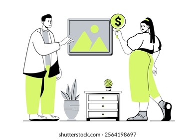 Auction business web concept with flat cartoon people for website design. Auctioneer selling art painting at gallery, woman collector bidding her price to lot for buying picture. Vector illustration.