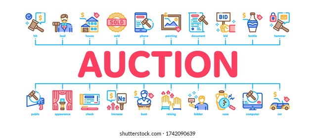 Auction Buying And Selling Goods Minimal Infographic Web Banner Vector. Internet Auction And Application, Hammer And Car, Agreement And Bid, House And Picture Illustration