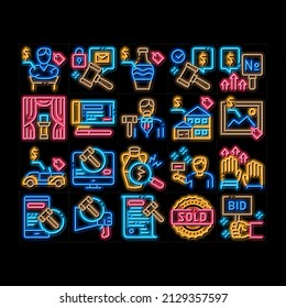 Auction Buying And Selling Goods neon light sign vector. Glowing bright icon  Internet Auction And Application, Hammer And Car, Agreement And Bid, House And Picture Illustrations