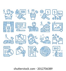 Auction Buying And Selling Goods sketch icon vector. Hand drawn blue doodle line art Internet Auction And Application, Hammer And Car, Agreement And Bid, House And Picture Illustrations