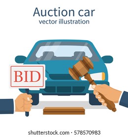 Auction car. A man stands at the auction. Auctioneer holding a gavel in his hand. Offer to purchase. Auto isolated on the background. Vector illustration flat design. Bidding concept. Selling vehicle.