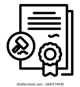 Icono de certificado de subasta. Icono de vector de certificado de subasta de esquema para diseño web aislado en fondo blanco