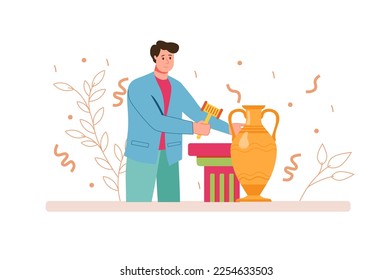 Auction color concept with people scene in the flat cartoon style. Auctioneer put a precious vase up for sale. Vector illustration.