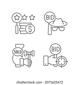 Auction components linear icons set. Silent bidding. Auction sniping. Auctioneer. Appraisal process. Customizable thin line contour symbols. Isolated vector outline illustrations. Editable stroke