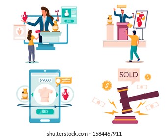 Auction composition set, vector illustration. Buying and selling property at auction, online bidding, male and female characters of auctioneer and buyers.