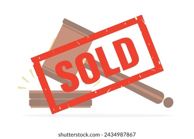 Auction concept. Big vintage label or red stamp - SOLD. Auction hammer in the background. Bidding process, deal done. Business banner. Flat vector illustration