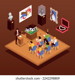 Auction concept with competition and art symbols isometric vector illustration