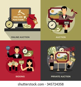 Auction concept icons set with art and bidding symbols flat isolated vector illustration 