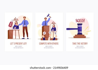 Auction concept onboarding screens. Auctioneer present selling artwork, buyers bidding and buy painting lot. Modern UI, UX, GUI user interface kit with people scene for web design. Vector illustration