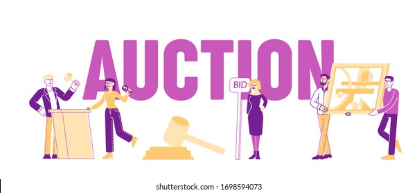 Auction Concept. People Buying Assets. Male Female Characters Holding and Rising Bid Boards around Huge Gavel , Auctioneer Stand with Hammer at Tribune Poster Banner Flyer. Linear Vector Illustration