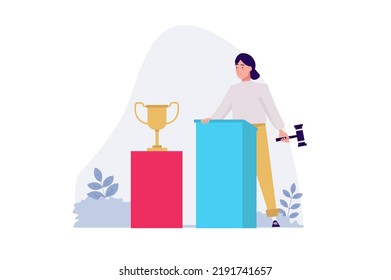 Auction concept with people scene in the flat cartoon design. Auctioneer put the famous winner's cup up for sale. Vector illustration.