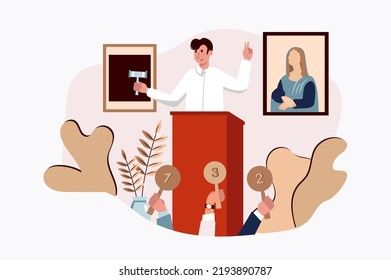 Auktionskonzept mit Menschen-Szene im flachen Cartoon-Design. Auktionator stellte den Teilnehmern zwei berühmte Gemälde zum Verkauf. Vektorgrafik.