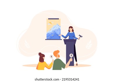 Auction concept with people scene in the flat cartoon design. Young couple wants to buy a famous painting presented by host at auction. Vector illustration.