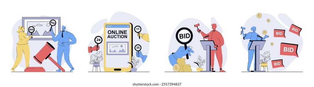 Auction concept set in flat design for web. Collection with people bidding and buying pictures in frame at exhibition and arts at online auction, trader using gavel. Vector illustrations.