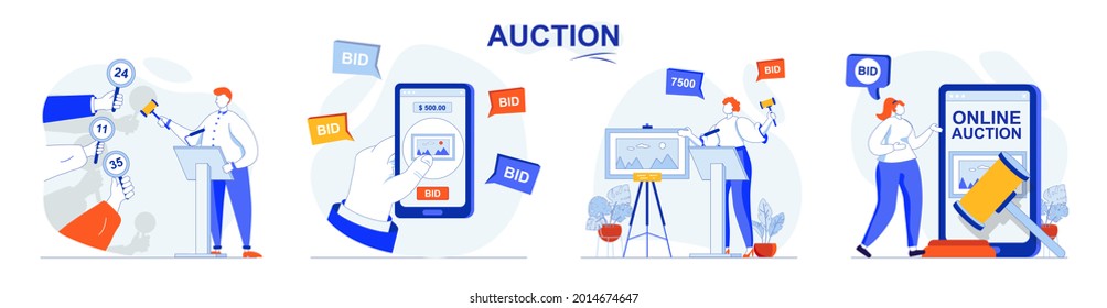 Auction concept set. Selling painting, buyers place bids, buying in online auction. People isolated scenes in flat design. Vector illustration for blogging, website, mobile app, promotional materials.