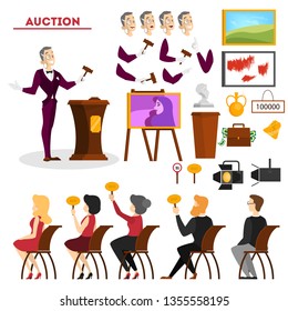 Concepto de subasta. Tomar medidas en subasta y precio de licitación. Oferta y compra arte en línea. Ilustración vectorial aislada en estilo caricaturista