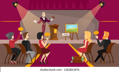 Auction concept. Taking action in auction and bidding price. Bid and buy art online. Isolated vector illustration in cartoon style