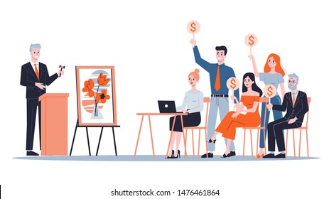 Auction concept. Taking action in auction and bidding price. Bid and buy art online. Isolated vector illustration in cartoon style