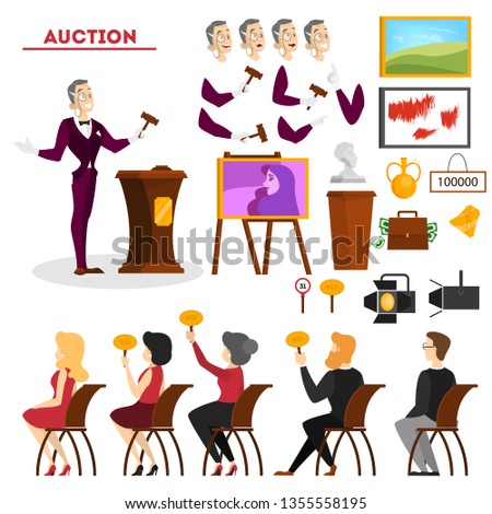 Auction concept. Taking action in auction and bidding price. Bid and buy art online. Isolated vector illustration in cartoon style
