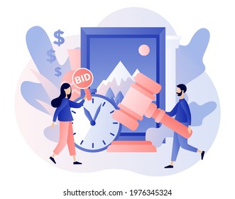 Auction concept. Tiny people bidder, buyer and auctioneer bidding in public auction. Woman holds Paddle with BID text. Hammer close deal. Modern flat cartoon style. Vector illustration 