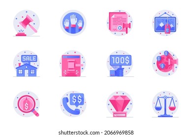 Auction concept web flat color icons with shadow set. Pack pictograms of hammer, hands, artwork, painting, price, bid, search and other. Vector illustration of symbols for website mobile app design