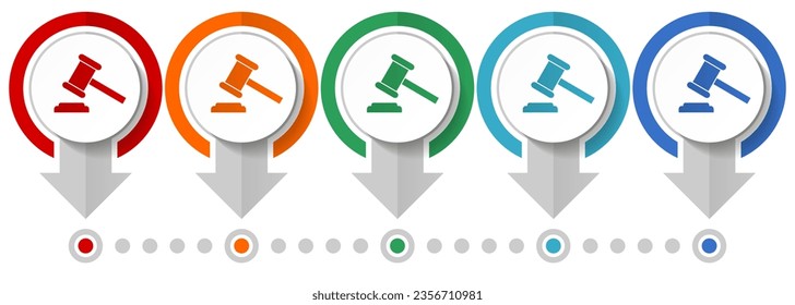 Auction, court vector icon set, flat design infographic template, set pointer concept icons in 5 color options for webdesign and mobile applications