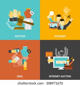 Auction Deal Icons Set With Antiques And Internet Bidding Flat Isolated Vector Illustration 