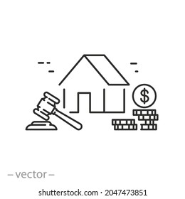 auction estate icon, selling house, legal property, real offer with bid, thin line symbol on white background - editable stroke vector illustration