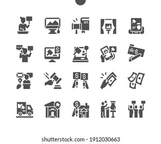 Auction. Finance and investment. Auctioneer, museum, bidding and stage. Holding an auction. Vector Solid Icons. Simple Pictogram