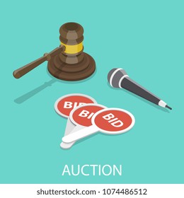 Auction flat isometric vector concept. Hammer, microphone and bidding paddles.