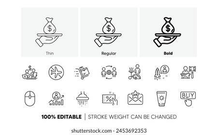 Auction, Flight mode and Discount coupon line icons. Pack of Startup, Budget accounting, Computer mouse icon. Cleaning, Shower, Buying pictogram. Loan, Inventory cart, Vip mail. Line icons. Vector