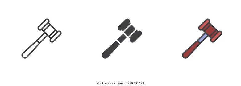 Auction gavel different style icon set. Line, glyph and filled outline colorful version, outline and filled vector sign. Symbol, logo illustration. Vector graphics