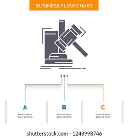 Auction, gavel, hammer, judgement, law Business Flow Chart Design with 3 Steps. Glyph Icon For Presentation Background Template Place for text.